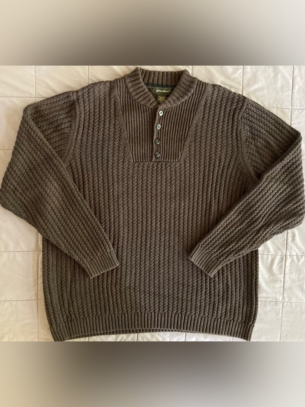 Vintage Eddie Bauer Sweater Mens XLT Tall Brown Cotton Henley V-Neck Ribbed